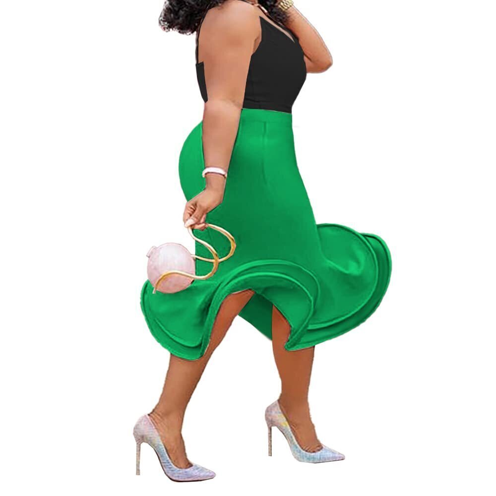 7587 High Waist Bodycon Flare Mermaid Midi Skirt Plus Size Green,M,Medium